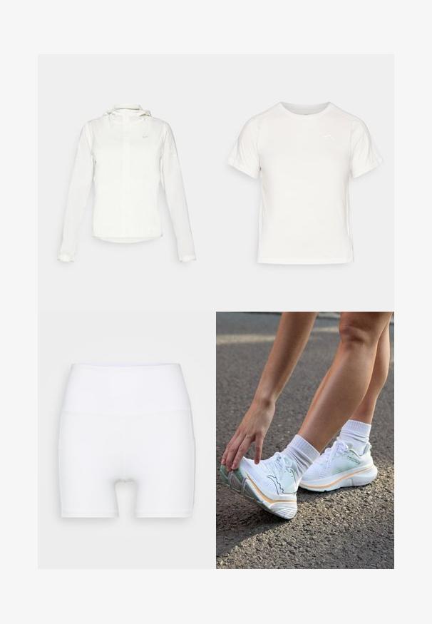 Giacca Nike bianca con cappuccio, zip completa, polsini elasticizzati e un logo discreto sul petto. Texture liscia e design leggero.; T-shirt bianca leggera con maniche corte, collo rotondo e un piccolo logo nell'angolo in alto a sinistra. Tessuto morbido con una leggera lucentezza.; Pantaloni corti bianchi a vita alta realizzati in tessuto elasticizzato. Presentano una texture liscia e un design aderente, senza ulteriori motivi o accessori.; Saucony GUIDE 17 - Scarpe da corsa su strada - white/peel