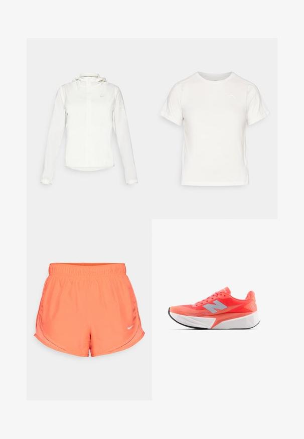 Bílá bunda Nike s kapucí, plným zipem, elastickými manžetami a decentním logem na hrudi. Hladká textura a lehký design.; Lehká bílá tričko s krátkými rukávy, kulatým výstřihem a malým logem v levém horním rohu. Hladká tkanina s jemným leskem.; Korálové Nike šortky mají elastický pas, boční záhyby pro pohyblivost a malé stříbrné logo na dolním pravém cípu. Hladká, lehká tkanina.; Lehká běžecká obuv v jasné korálové barvě s tvořenou síťovinou a stříbrným logem. Výrazná texturovaná bílá mezipodešev a černá gumová podešev.