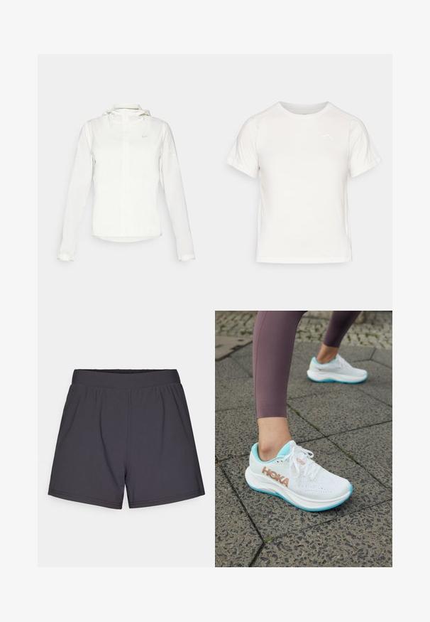 Giacca Nike bianca con cappuccio, zip completa, polsini elasticizzati e un logo discreto sul petto. Texture liscia e design leggero.; T-shirt bianca leggera con maniche corte, collo rotondo e un piccolo logo nell'angolo in alto a sinistra. Tessuto morbido con una leggera lucentezza.; Pantaloni sportivi neri realizzati in un tessuto leggero e elasticizzato. Presentano una vita elasticizzata e un design semplice e senza fronzoli.; HOKA RINCON 4 - Scarpe da corsa su strada - frost/rose gold