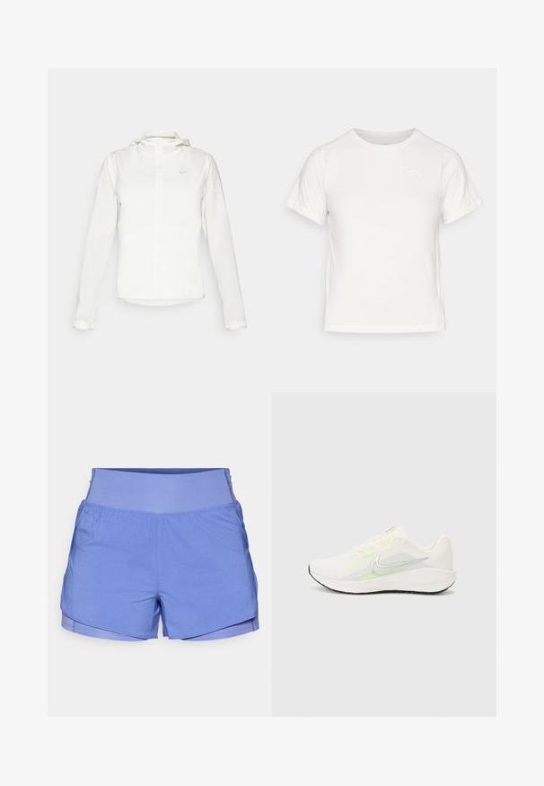 Hvit Nike-jakke med hette, hel glidelås, elastiske mansjetter og en diskret logo på brystet. Glatt tekstur og lett design.; Lett, hvit T-skjorte med korte ermer, rund hals, og en liten logo i øvre venstre hjørne. Glatt stoff med en subtil glans.; Lyse blå treningsshorts med bred livlinning, laget av glatt stoff, med lagdelte linninger og lett rynkning på sidene.; Nike Performance DOWNSHIFTER 13 - Løpesko for vei - sail/silver-coloured photon dust/summit white/barely volt/black