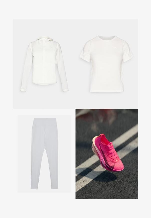 Jachetă albă Nike cu glugă, fermoar pe toată lungimea, manșete elastice și un logo subtil pe piept. Textură netedă și design ușor.; Tricou alb ușor, cu mâneci scurte, guler rotund și un logo mic în colțul din stânga sus. Material neted cu un luciu subtil.; Leggings albe din material elastic, cu un talie înaltă, textură netedă și fără cusături sau embellishments vizibile.; Adidași din material tricotat roz aprins, cu suprafață texturată, partea superioară din plasă și o talpă intermediară albă. Prezintă un logo swoosh de culoare roz închis.