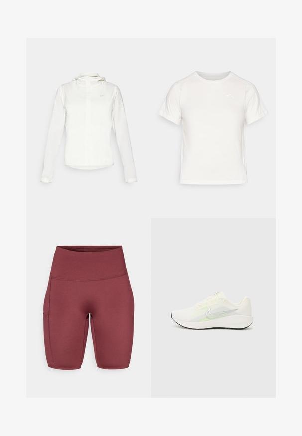 Chaqueta blanca de Nike con capucha, cremallera completa, puños elásticos y un logo sutil en el pecho. Textura suave y diseño ligero.; Camiseta blanca ligera con mangas cortas, cuello redondo y un pequeño logo en la esquina superior izquierda. Tejido suave con un sutil brillo.; Pantalones cortos de talle alto burdeos con una tela suave y elástica. Presentan un bolsillo lateral y un diseño ajustado, adecuado para ropa de actividad.; Nike Performance DOWNSHIFTER 13 - Zapatillas running asfalto - sail/silver-coloured photon dust/summit white/barely volt/black