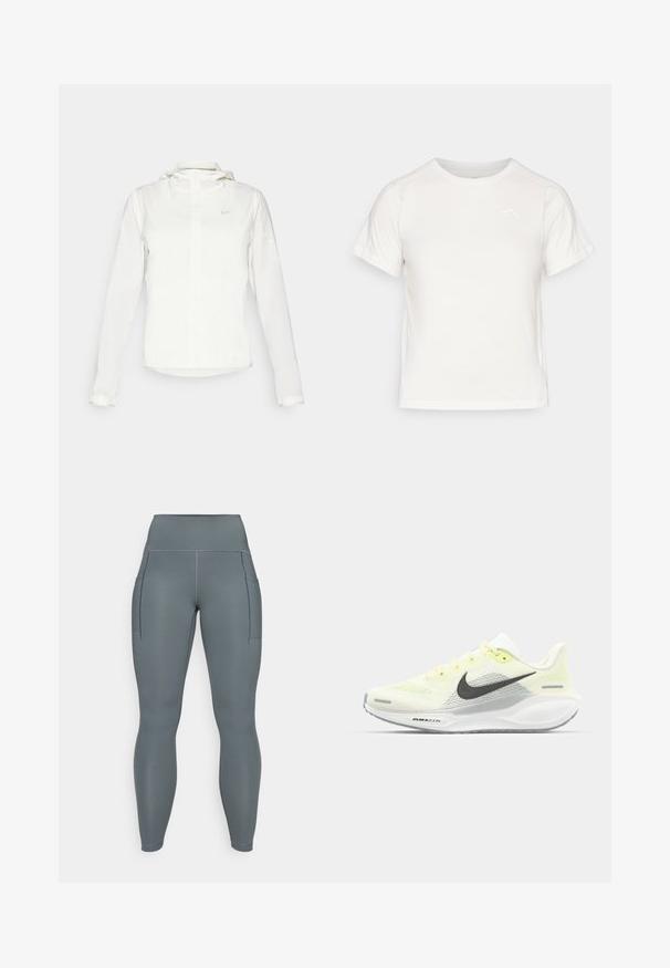 Giacca Nike bianca con cappuccio, zip completa, polsini elasticizzati e un logo discreto sul petto. Texture liscia e design leggero.; T-shirt bianca leggera con maniche corte, collo rotondo e un piccolo logo nell'angolo in alto a sinistra. Tessuto morbido con una leggera lucentezza.; Leggings grigi alti in vita con due tasche laterali, realizzati in tessuto elasticizzato, con cuciture piatte e una texture liscia.; Scarpe da corsa Nike con una tomaia in rete giallo chiaro e bianco, dettagli grigi e una suola in gomma flessibile. Presentano una chiusura con lacci.