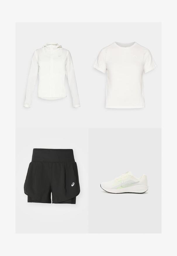 Vit Nike-jacka med huva, hel dragkedja, elastiska ärmslutar och en diskret logotyp på bröstet. Slät textur och lätt design.; Lätt vit T-shirt med korta ärmar, rund hals och en liten logotyp i det övre vänstra hörnet. Slät tyg med en subtil lyster.; Svarta sportshorts med ett andningsbart meshöverdrag, innershorts med slät textur och en vit logotyp på vänster sida.; Nike Performance DOWNSHIFTER 13 - Väglöparskor - sail/silver-coloured photon dust/summit white/barely volt/black
