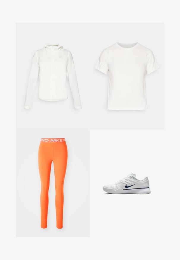 Witte Nike-jack met een capuchon, volledige rits, elastische manchetten en een subtiele logo op de borst. Gladde textuur en lichtgewicht ontwerp.; Lichtgewicht wit T-shirt met korte mouwen, ronde hals en een klein logo in de linkerbovenhoek. Glad stof met een subtiele glans.; Oranje sportlegging met een nauwsluitend ontwerp, gemaakt van rekbaar materiaal. Bevat een witte merkband en een klein logo aan de zijkant.; Witte sportschoen met een gestructureerde mesh bovenkant, marineblauwe accenten en een gevoerde zool met een gemusterde grip. Veters geïntegreerd in het ontwerp.