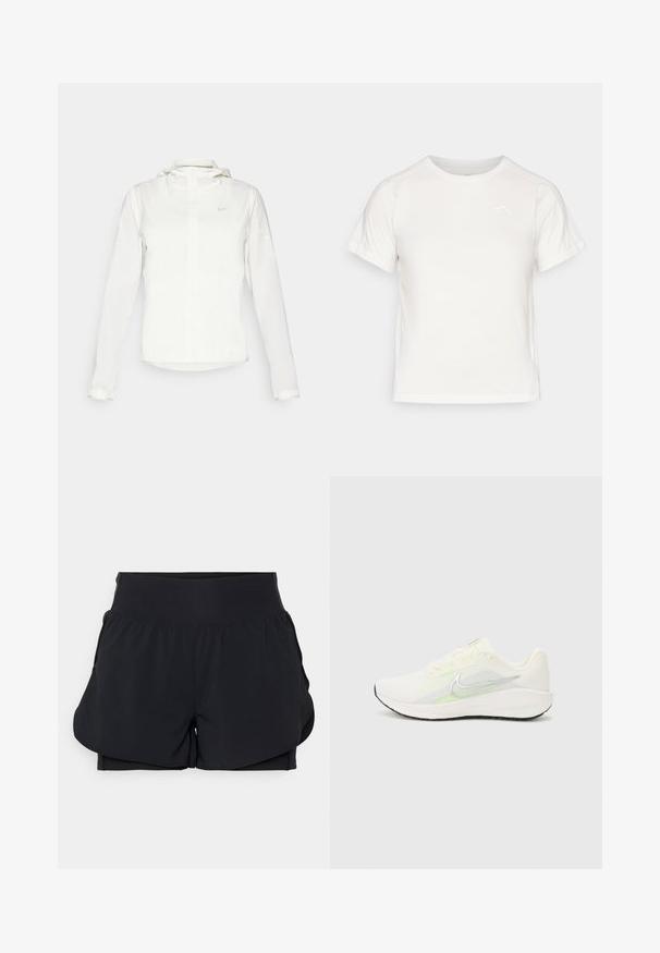 Hvit Nike-jakke med hette, hel glidelås, elastiske mansjetter og en diskret logo på brystet. Glatt tekstur og lett design.; Lett, hvit T-skjorte med korte ermer, rund hals, og en liten logo i øvre venstre hjørne. Glatt stoff med en subtil glans.; Sorte sportsshorts med et lagdelt design, bred taljeelastik og indvendig foring. Lavet af glat, strækbart materiale.; Nike Performance DOWNSHIFTER 13 - Løpesko for vei - sail/silver-coloured photon dust/summit white/barely volt/black
