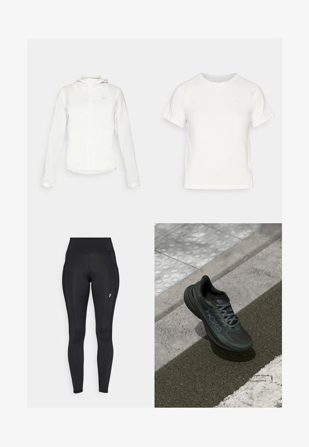 Biała kurtka Nike z kapturem, na zamek błyskawiczny, elastyczne mankiety i subtelne logo na piersi. Gładka tekstura i lekka konstrukcja.; Lekka biała koszulka z krótkim rękawem, okrągłym dekoltem i małym logo w lewym górnym rogu. Gładki materiał o subtelnej połysku.; Czarne legginsy o pełnej długości, wykonane z elastycznego materiału, z wysokim stanem, bocznymi kieszeniami i małym logo na lewym udzie.; Czarny but biegowy z siateczkową cholewką, teksturowanymi detalami i logo, wyposażony w wyściełaną podeszwę i szare sznurówki, umieszczony na chodniku.