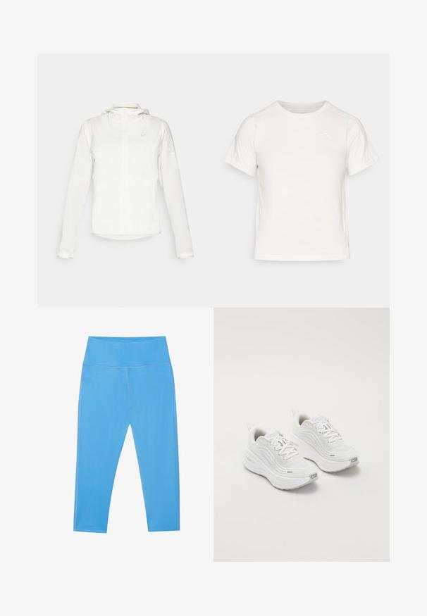 Giacca Nike bianca con cappuccio, zip completa, polsini elasticizzati e un logo discreto sul petto. Texture liscia e design leggero.; T-shirt bianca leggera con maniche corte, collo rotondo e un piccolo logo nell'angolo in alto a sinistra. Tessuto morbido con una leggera lucentezza.; Leggings blu in tessuto elasticizzato con vita alta, texture liscia, taglio alla caviglia e dettagli di cucitura sottili sui lati.; Scarpe da ginnastica bianche con tomaia in rete testurizzata, suola ammortizzata e sottili dettagli grigi. Comprendono il branding e una linguetta sul tallone per una facile calzata.