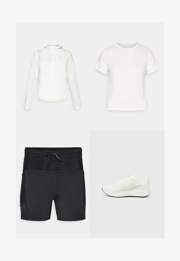 Balta Nike striukė su gobtuvu, pilnu užtrauktuku, elastingomis rankovėmis ir subtiliu logotipu ant krūtinės. Sklandi tekstūra ir lengvas dizainas.; Lengvas baltas marškinėliai trumpomis rankovėmis, apvaliu kaklu ir maža logo viršutiniame kairiajame kampe. Lygus audinys su subtiliu blizgesiu.; Juoda sportinė šortai su aukštu juosmeniu, tekstūruota viršutinė dalis ir raištelis. Yra plokščios siūlės ir šoninės kišenės.; Nike Performance DOWNSHIFTER 13 - Bėgimo batai plentui - sail/silver-coloured photon dust/summit white/barely volt/black