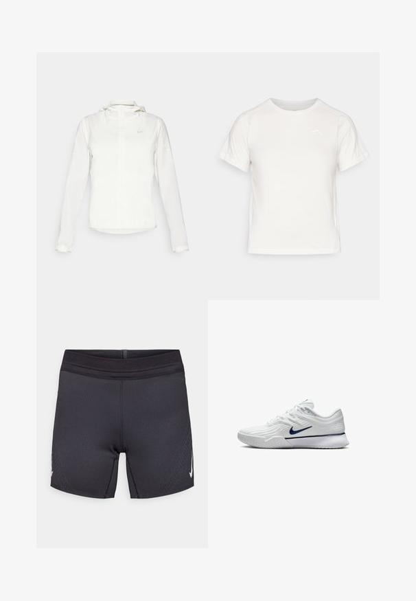 Veste blanche Nike avec capuche, fermeture éclair intégrale, poignets élastiques et un logo discret sur la poitrine. Texture lisse et design léger.; T-shirt léger blanc à manches courtes, col rond et avec un petit logo dans le coin supérieur gauche. Tissu lisse avec un léger éclat.; Shorts de sport noirs en tissu extensible avec une texture lisse, dotés d'une ceinture renforcée et d'un logo blanc sur le côté.; Baskets de sport blanches avec une tige en maille texturée, des accents bleu marine et une semelle rembourrée avec un grip à motifs. Lacets intégrés au design.