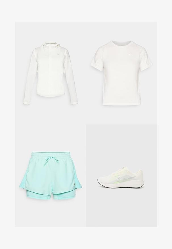 Chaqueta blanca de Nike con capucha, cremallera completa, puños elásticos y un logo sutil en el pecho. Textura suave y diseño ligero.; Camiseta blanca ligera con mangas cortas, cuello redondo y un pequeño logo en la esquina superior izquierda. Tejido suave con un sutil brillo.; Pantalones cortos deportivos verde menta con cinturilla elástica y cordón. Presentan un diseño en capas y un acento de logo en el costado. Textura suave.; Nike Performance DOWNSHIFTER 13 - Zapatillas running asfalto - sail/silver-coloured photon dust/summit white/barely volt/black