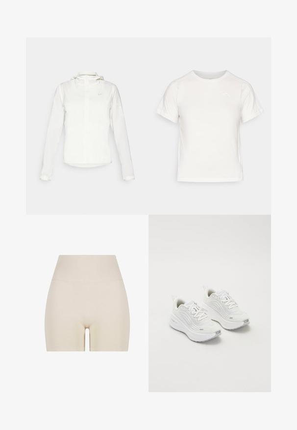 Jachetă albă Nike cu glugă, fermoar pe toată lungimea, manșete elastice și un logo subtil pe piept. Textură netedă și design ușor.; Tricou alb ușor, cu mâneci scurte, guler rotund și un logo mic în colțul din stânga sus. Material neted cu un luciu subtil.; Șorturi bej cu o textură netedă, talie înaltă cu nervuri și o potrivire elastică, având o lungime până la mijlocul coapsei și fără modele vizibile.; Pantofi sport albi cu un superior din plasă texturată, talpă amortizată și accente subtile de gri. Include branding și un buclă la călcâi pentru a fi ușor de încălțat.