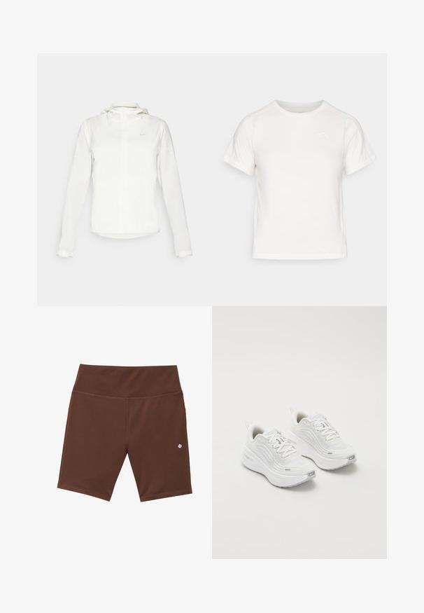 Fehér Nike dzseki kapucnival, teljes cipzárral, rugalmas mandzsettákkal és egy diszkrét logóval a mellkason. Sima textúrájú és könnyű kialakítású.; Könnyű fehér póló rövid ujjakkal, kerek nyakkal és egy apró logóval a bal felső sarkában. Simasága és enyhe fényessége van.; Barna sportnadrág magas derékkal, lapos varrással és egy apró fehér logóval a bal alsó részen. Rugalmas, nedvességelvezető anyagból készült.; Fehér sportcipő, texturált hálós felsőrésszel, párnázott talppal és diszkrét szürke díszítésekkel. Tartalmazza a márkázást és a könnyű felhúzást segítő hurkot a sarokrészen.
