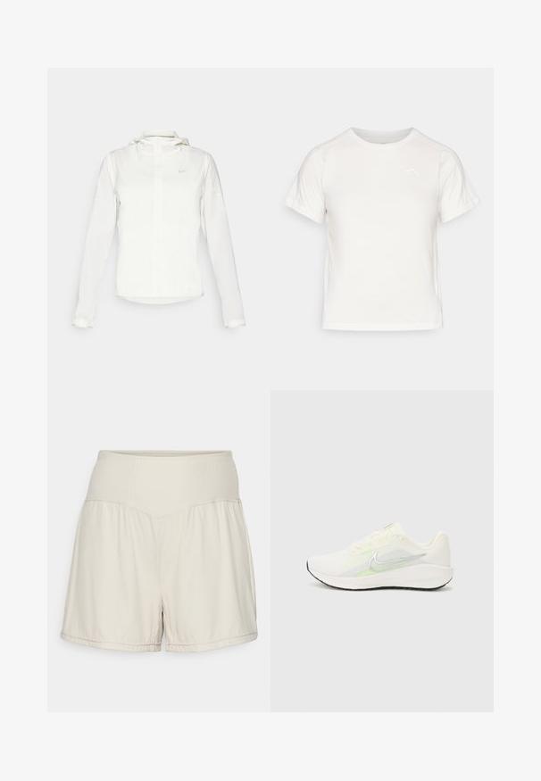 Witte Nike-jack met een capuchon, volledige rits, elastische manchetten en een subtiele logo op de borst. Gladde textuur en lichtgewicht ontwerp.; Lichtgewicht wit T-shirt met korte mouwen, ronde hals en een klein logo in de linkerbovenhoek. Glad stof met een subtiele glans.; Lichtbeige shorts met een gestructureerde ribbelband, vloeiend ontwerp en casual pasvorm. Bevat gestikte zomen en zijopeningen voor flexibiliteit.; Nike Performance DOWNSHIFTER 13 - Hardloopschoenen voor op de weg - sail/silver-coloured photon dust/summit white/barely volt/black