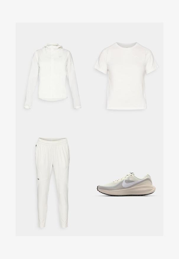 Weiße Nike-Jacke mit Kapuze, durchgehendem Reißverschluss, elastischen Bündchen und einem dezenten Logo auf der Brust. Glatte Textur und leichtes Design.; Leichtes weißes T-Shirt mit kurzen Ärmeln, Rundhalsausschnitt und einem kleinen Logo in der oberen linken Ecke. Glatte Stoffoberfläche mit leichtem Glanz.; Leichte, cremefarbene Sporthosen mit elastischem Bund, schmalem Schnitt, Seitentaschen und einem kleinen schwarzen Logo am linken Bein.; Sneaker mit einem hellgrauen Mesh-Obermaterial, weißem Nike-Swoosh, gepolstertem Zwischensohlen, schlanker Form und schwarzem Gummiaußensohle mit Profil.