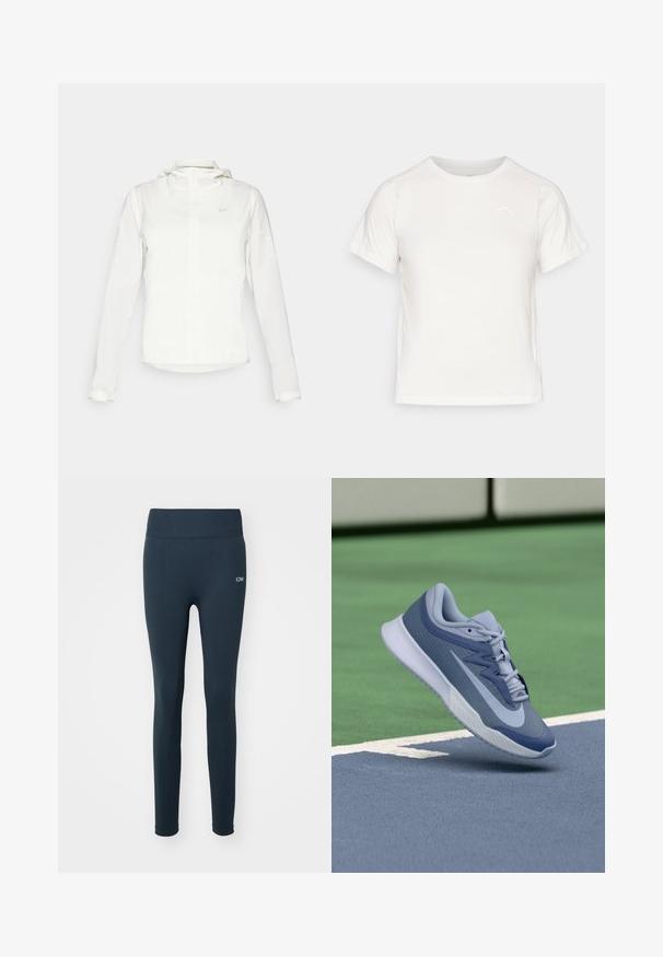 Fehér Nike dzseki kapucnival, teljes cipzárral, rugalmas mandzsettákkal és egy diszkrét logóval a mellkason. Sima textúrájú és könnyű kialakítású.; Könnyű fehér póló rövid ujjakkal, kerek nyakkal és egy apró logóval a bal felső sarkában. Simasága és enyhe fényessége van.; Tengerészkék leggings, rugalmas anyagból, magas derékkal, sima textúrával és egy kis fehér logóval az oldalán.; Könnyű kék és sötétkék sportrüszke, textúrált felsőrésszel, lapos fűzőkkel és könnyű fehér talppal. Emelt pozícióban egy pálya fölött.