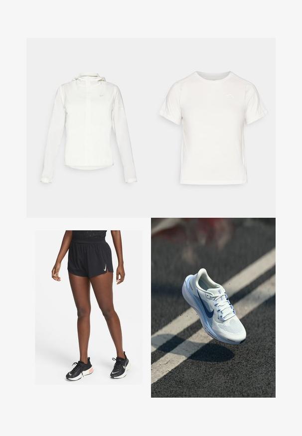 White Nike jacket with a hood, full zip, elastic cuffs, and a subtle logo on the chest. Smooth texture and lightweight design.; Lightweight white T-shirt with short sleeves, round neck, and a small logo in the upper left corner. Smooth fabric with a subtle sheen.; Black athletic shorts with a cinched waistband and side slits, made from lightweight material, paired with black running shoes featuring a white swoosh.; White athletic shoe with breathable mesh upper and blue accents. Features a cushioned sole and flat laces. Midsole displays "Air Zoom" branding.