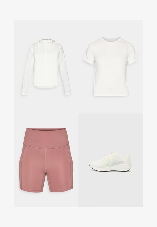 Hvit Nike-jakke med hette, hel glidelås, elastiske mansjetter og en diskret logo på brystet. Glatt tekstur og lett design.; Lett, hvit T-skjorte med korte ermer, rund hals, og en liten logo i øvre venstre hjørne. Glatt stoff med en subtil glans.; Under Armour MIDDIE SHORT - Tights - maroon mist/dark maroon; Nike Performance DOWNSHIFTER 13 - Løpesko for vei - sail/silver-coloured photon dust/summit white/barely volt/black