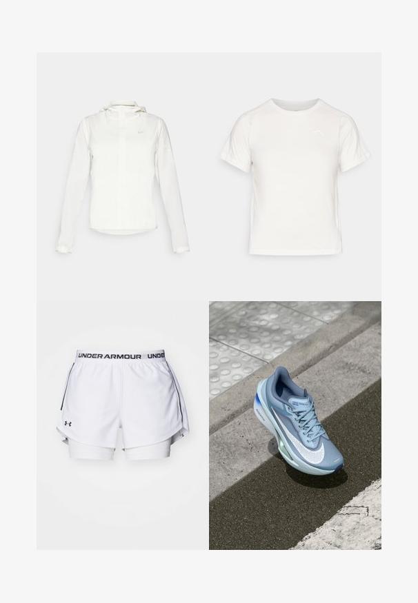 Biela Nike bunda s kapucňou, plným zipsom, elastickými manžetami a jemným logom na hrudi. Hladká textúra a ľahký dizajn.; Ľahké biele tričko s krátkymi rukávmi, okrúhlym výstrihom a malým logom v hornom ľavom rohu. Hladká tkanina s miernym leskom.; Biele športové šortky s čiernym logom Under Armour na páse. Majú vrstvený dizajn s vnútornou podšívkou a bočnými rozparkami pre väčšiu mobilitu.; Svetlomodrá bežecká obuv Nike Zoom Fly s priedušným sieťovinovým zvrškom, charakteristickým bielym Swoosh a zelenými akcentmi na podrážke.