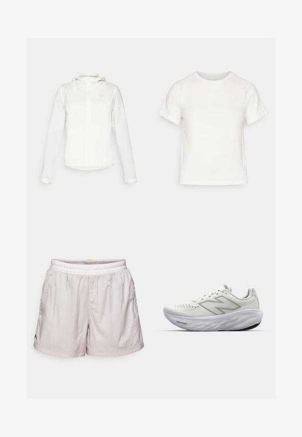 Balta Nike jaka ar kapuci, pilna rāvējslēdzēja, elastīgām piedurknēm un diskrētu logotipu uz krūšu daļas. Gluda tekstūra un viegla konstrukcija.; Viegls balts T-krekls ar īsām piedurknēm, apaļu kaklu un mazu logo augšējā kreisajā stūrī. Gluda auduma faktūra ar maigu spīdumu.; Gaiši pelēki sporta šorti ar elastīgu jostu, izgatavoti no viegla auduma. Iespēlēts tekstūra un neliels logos priekšā.; Baltas sporta apavi ar acu acu augšdaļu, ar mīkstu apkakli, teksturētu zoli un "Fresh Foam" zīmolu uz vidus zoles.