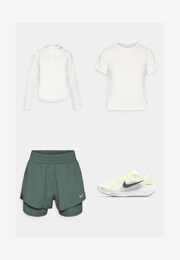 Chaqueta blanca de Nike con capucha, cremallera completa, puños elásticos y un logo sutil en el pecho. Textura suave y diseño ligero.; Camiseta blanca ligera con mangas cortas, cuello redondo y un pequeño logo en la esquina superior izquierda. Tejido suave con un sutil brillo.; Pantalones cortos deportivos verdes con una amplia cinturilla elástica, diseño en capas y pantalones cortos de compresión interiores. Presenta un pequeño logo blanco de Nike.; Zapatillas de correr Nike con una parte superior de malla en amarillo claro y blanco, detalles en gris y una suela de goma flexible. Cuenta con un cierre de cordones.