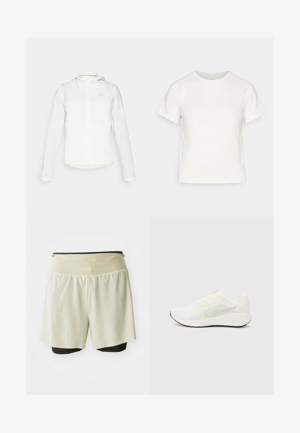 Witte Nike-jack met een capuchon, volledige rits, elastische manchetten en een subtiele logo op de borst. Gladde textuur en lichtgewicht ontwerp.; Lichtgewicht wit T-shirt met korte mouwen, ronde hals en een klein logo in de linkerbovenhoek. Glad stof met een subtiele glans.; Lichtbeige sportshorts met een zwarte binnenvoering, uitgerust met een brede elastische tailleband en een losse buitenlaag voor comfort.; Nike Performance DOWNSHIFTER 13 - Hardloopschoenen voor op de weg - sail/silver-coloured photon dust/summit white/barely volt/black