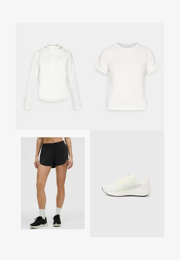 Biela Nike bunda s kapucňou, plným zipsom, elastickými manžetami a jemným logom na hrudi. Hladká textúra a ľahký dizajn.; Ľahké biele tričko s krátkymi rukávmi, okrúhlym výstrihom a malým logom v hornom ľavom rohu. Hladká tkanina s miernym leskom.; Čierne športové šortky s elastickým pásom, voľným strihom a bočnými rozparkami; nosené s čiernymi športovými topánkami a bielymi krátkymi ponožkami.; Nike Performance DOWNSHIFTER 13 - Cestná bežecká obuv - sail/silver-coloured photon dust/summit white/barely volt/black