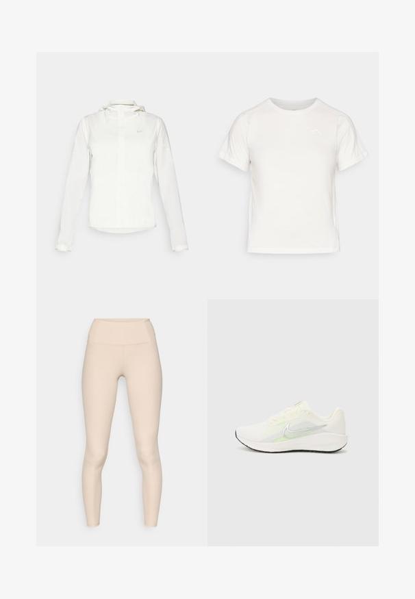 Biela Nike bunda s kapucňou, plným zipsom, elastickými manžetami a jemným logom na hrudi. Hladká textúra a ľahký dizajn.; Ľahké biele tričko s krátkymi rukávmi, okrúhlym výstrihom a malým logom v hornom ľavom rohu. Hladká tkanina s miernym leskom.; Béžové rebrované legíny s vysokým pásom. Majú hladký povrch a priliehavý strih, bez viditeľných švov alebo log.; Nike Performance DOWNSHIFTER 13 - Cestná bežecká obuv - sail/silver-coloured photon dust/summit white/barely volt/black
