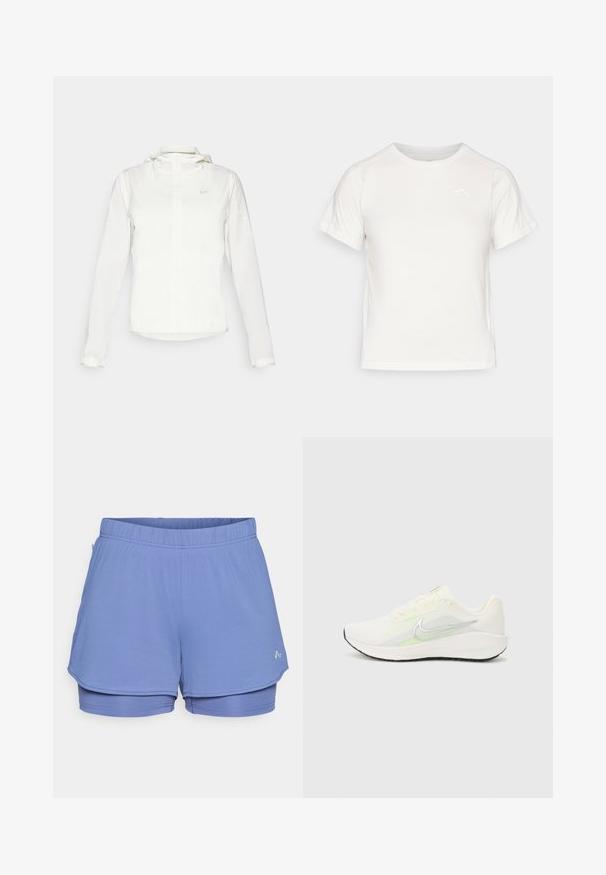 Valge Nike jakker, millel on kapuuts, täispikk tõmblukk, elastsed mansetid ja diskreetne logo rinnal. Sile tekstuur ja kerge disain.; Kerge valge T-särk lühikeste varrukatega, ümmarguse kaelusega ja väikese logoga vasakus ülanurgas. Sile kangas, millel on õrn läige.; Heledadina sinised spordilühikesed püksid, mis on valmistatud tekstuuriga kangast, millel on elastne vöökoht, sisemine vooder ja diskreetne logo külje peal.; Nike Performance DOWNSHIFTER 13 - Maanteejooksu jalatsid - sail/silver-coloured photon dust/summit white/barely volt/black