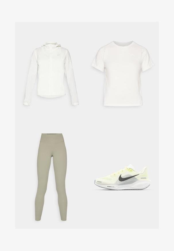White Nike jacket with a hood, full zip, elastic cuffs, and a subtle logo on the chest. Smooth texture and lightweight design.; Lightweight white T-shirt with short sleeves, round neck, and a small logo in the upper left corner. Smooth fabric with a subtle sheen.; High-waisted, fitted leggings in a soft, muted olive green fabric with a smooth texture and no visible patterns or hardware details.; Nike running shoes with a light yellow and white mesh upper, grey accents, and a flexible rubber sole. Features a lace-up closure.