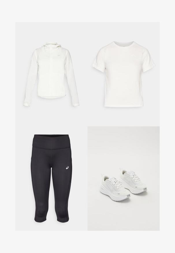 Giacca Nike bianca con cappuccio, zip completa, polsini elasticizzati e un logo discreto sul petto. Texture liscia e design leggero.; T-shirt bianca leggera con maniche corte, collo rotondo e un piccolo logo nell'angolo in alto a sinistra. Tessuto morbido con una leggera lucentezza.; Leggings capri neri da atleta con una texture liscia, tessuto elastico, vita alta e un piccolo logo bianco sul lato sinistro.; Scarpe da ginnastica bianche con tomaia in rete testurizzata, suola ammortizzata e sottili dettagli grigi. Comprendono il branding e una linguetta sul tallone per una facile calzata.