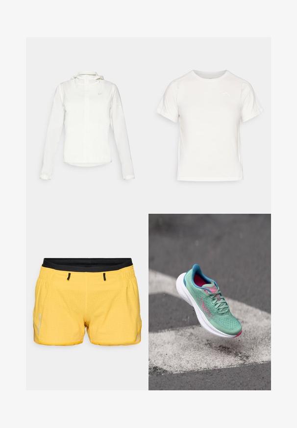 Valge Nike jakker, millel on kapuuts, täispikk tõmblukk, elastsed mansetid ja diskreetne logo rinnal. Sile tekstuur ja kerge disain.; Kerge valge T-särk lühikeste varrukatega, ümmarguse kaelusega ja väikese logoga vasakus ülanurgas. Sile kangas, millel on õrn läige.; Kollased spordilühikesed püksid tekstuursevõrguga materjalist, must elastne vöökohus ja peegeldav detail. Omab kahte küljetaskut.; Kergesti jooksujalatsid mündirohelises võrgus, roosa aktsendiga, valge tallaga, tekstuurse pinnaga ja logoga küljel.