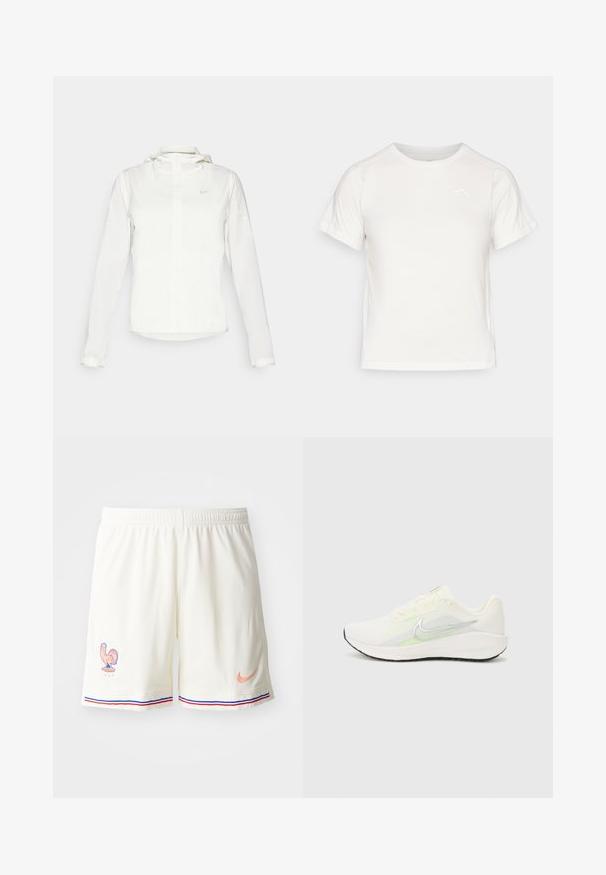 Bela Nike jakna s kapuco, polno zadrgo, elastičnimi manšetami in diskretnim logotipom na prsih. Gladka tekstura in lahko oblikovanje.; Lahki beli T-majica s kratkimi rokavi, okroglo ovratnikom in majhnim logotipom v zgornjem levem kotu. Gladko blago z rahlim sijajem.; Bela atletska kratka hlača z teksturirano tkanino, emblemom petelina in kontrastnimi modrimi ter rdečimi črtami na robu. Nike logo v breskev barvi.; Nike Performance DOWNSHIFTER 13 - Tekaški copati za cesto - sail/silver-coloured photon dust/summit white/barely volt/black