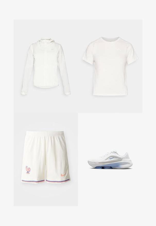 Biała kurtka Nike z kapturem, na zamek błyskawiczny, elastyczne mankiety i subtelne logo na piersi. Gładka tekstura i lekka konstrukcja.; Lekka biała koszulka z krótkim rękawem, okrągłym dekoltem i małym logo w lewym górnym rogu. Gładki materiał o subtelnej połysku.; Białe sportowe szorty z teksturowanej tkaniny, z emblematem koguta oraz kontrastowymi niebieskimi i czerwonymi paskami na dole. Logo Nike w kolorze brzoskwiniowym.; Białe sneakersy Nike z teksturowaną cholewką, niebieskimi akcentami, zaokrąglonym noskiem oraz wyściełaną podeszwą z widocznymi elementami poduszkowymi.