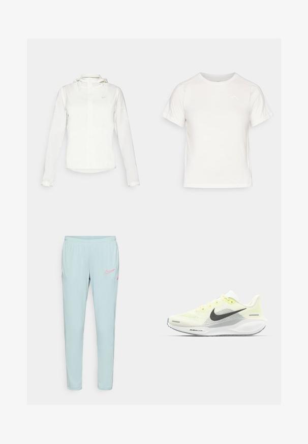 Weiße Nike-Jacke mit Kapuze, durchgehendem Reißverschluss, elastischen Bündchen und einem dezenten Logo auf der Brust. Glatte Textur und leichtes Design.; Leichtes weißes T-Shirt mit kurzen Ärmeln, Rundhalsausschnitt und einem kleinen Logo in der oberen linken Ecke. Glatte Stoffoberfläche mit leichtem Glanz.; Helle blaue Nike-Sweatpants mit glatter Textur, elastischem Bund und pinken Logodetails an den linken Oberschenkeln und Taschen.; Nike Laufschuhe mit einem hellgelben und weißen Mesh-Obermaterial, grauen Akzenten und einer flexiblen Gummisohle. Verfügt über einen Schnürverschluss.