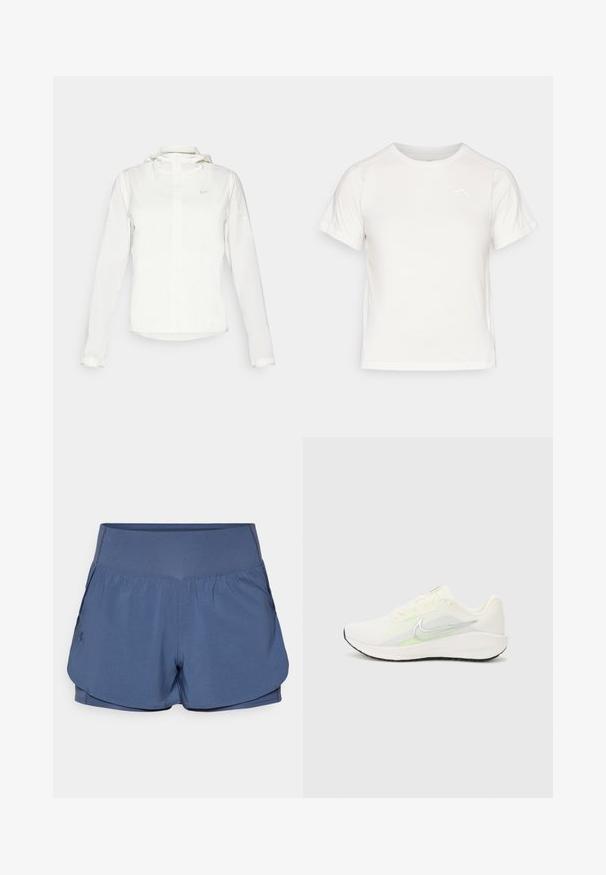 Balta Nike striukė su gobtuvu, pilnu užtrauktuku, elastingomis rankovėmis ir subtiliu logotipu ant krūtinės. Sklandi tekstūra ir lengvas dizainas.; Lengvas baltas marškinėliai trumpomis rankovėmis, apvaliu kaklu ir maža logo viršutiniame kairiajame kampe. Lygus audinys su subtiliu blizgesiu.; Under Armour VANISH - Šortai „du viename“ - downpour gray; Nike Performance DOWNSHIFTER 13 - Bėgimo batai plentui - sail/silver-coloured photon dust/summit white/barely volt/black