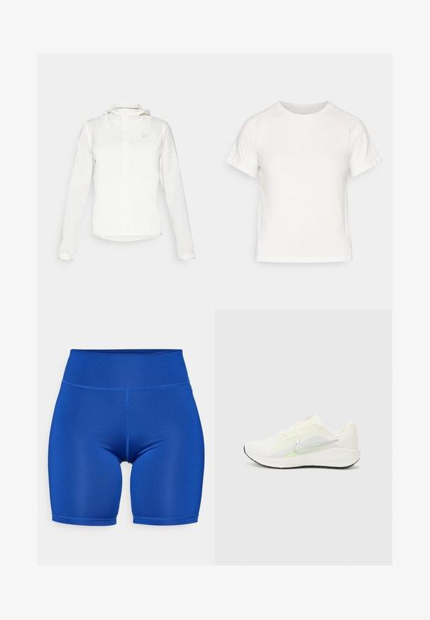 Weiße Nike-Jacke mit Kapuze, durchgehendem Reißverschluss, elastischen Bündchen und einem dezenten Logo auf der Brust. Glatte Textur und leichtes Design.; Leichtes weißes T-Shirt mit kurzen Ärmeln, Rundhalsausschnitt und einem kleinen Logo in der oberen linken Ecke. Glatte Stoffoberfläche mit leichtem Glanz.; ONLY Play ONPJAM JIMBO TRAIN SHORTS - Tights - surf the web; Nike Performance DOWNSHIFTER 13 - Laufschuh Straße - sail/silver-coloured photon dust/summit white/barely volt/black