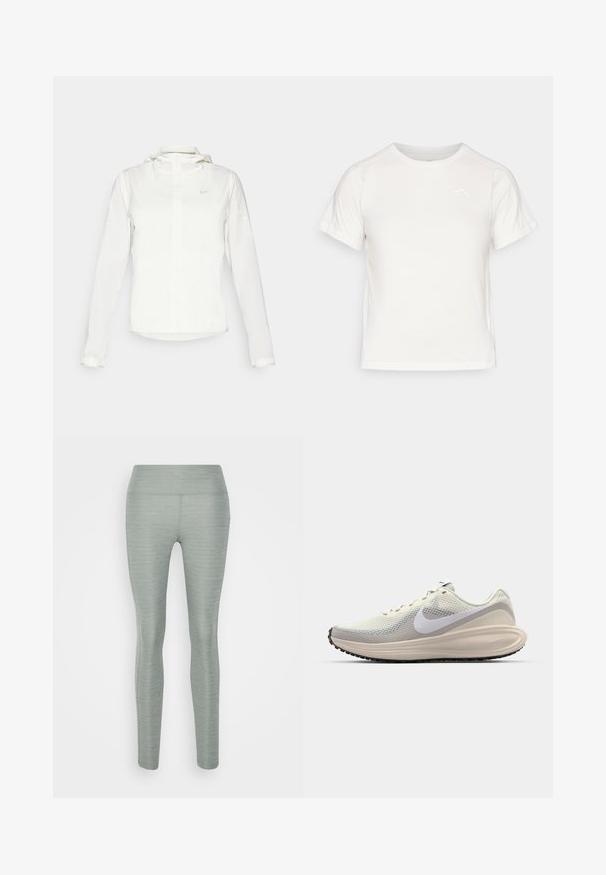 Vit Nike-jacka med huva, hel dragkedja, elastiska ärmslutar och en diskret logotyp på bröstet. Slät textur och lätt design.; Lätt vit T-shirt med korta ärmar, rund hals och en liten logotyp i det övre vänstra hörnet. Slät tyg med en subtil lyster.; Ljusgröna leggings gjorda av ett stretchigt tyg, med en slät yta, hög midja och en nära passform. Inga synliga mönster eller detaljer.; Sneakers med ett ljusgrått meshöverdel, vit Nike swoosh, vadderad mellansula, slank form och svart gummisula med mönster.