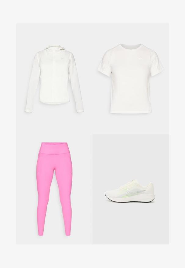 Jachetă albă Nike cu glugă, fermoar pe toată lungimea, manșete elastice și un logo subtil pe piept. Textură netedă și design ușor.; Tricou alb ușor, cu mâneci scurte, guler rotund și un logo mic în colțul din stânga sus. Material neted cu un luciu subtil.; Colanți roz din material elastic, cu talie înaltă și buzunare laterale, având un finisaj neted și detalii de cusătură minime.; Nike Performance DOWNSHIFTER 13 - Pantofi de alergare pe asfalt - sail/silver-coloured photon dust/summit white/barely volt/black