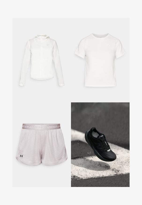 Fehér Nike dzseki kapucnival, teljes cipzárral, rugalmas mandzsettákkal és egy diszkrét logóval a mellkason. Sima textúrájú és könnyű kialakítású.; Könnyű fehér póló rövid ujjakkal, kerek nyakkal és egy apró logóval a bal felső sarkában. Simasága és enyhe fényessége van.; Világosszürke sportnadrág texturált anyagból, rugalmas derékkal, amelyen az "UNDER ARMOUR" felirat látható, és fekete logó az alsó bal oldalon.; Fekete futócipő textúrált felsőrésszel, karcsú dizájnnal és fényvisszaverő részletekkel. Puha, párnázott talppal a kényelem érdekében.
