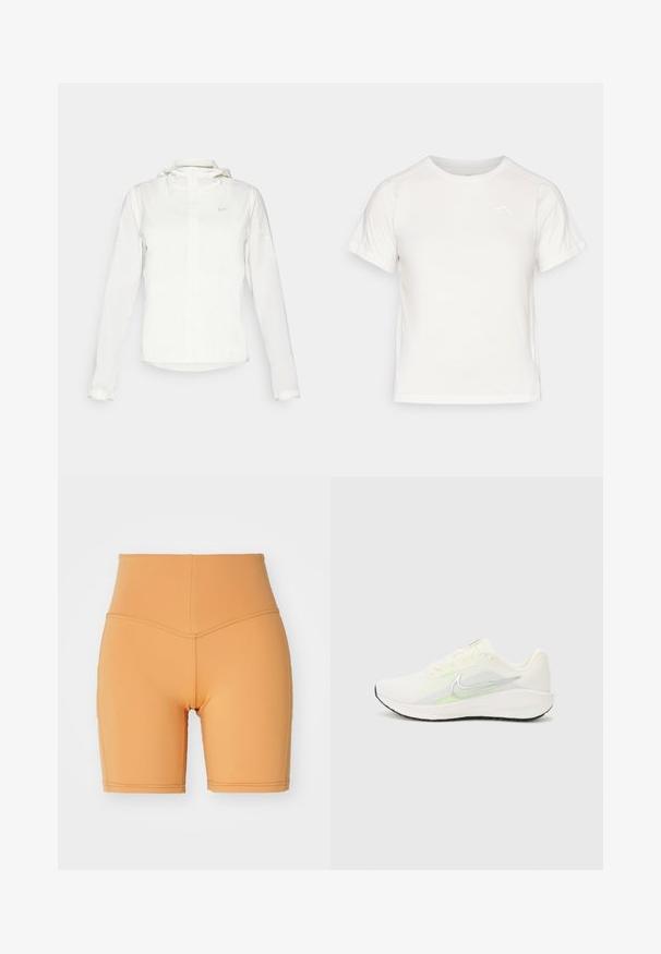 Giacca Nike bianca con cappuccio, zip completa, polsini elasticizzati e un logo discreto sul petto. Texture liscia e design leggero.; T-shirt bianca leggera con maniche corte, collo rotondo e un piccolo logo nell'angolo in alto a sinistra. Tessuto morbido con una leggera lucentezza.; Nebbia HIGH WAISTED BIKER SHORTS - Leggings - orange; Nike Performance DOWNSHIFTER 13 - Scarpe da corsa su strada - sail/silver-coloured photon dust/summit white/barely volt/black