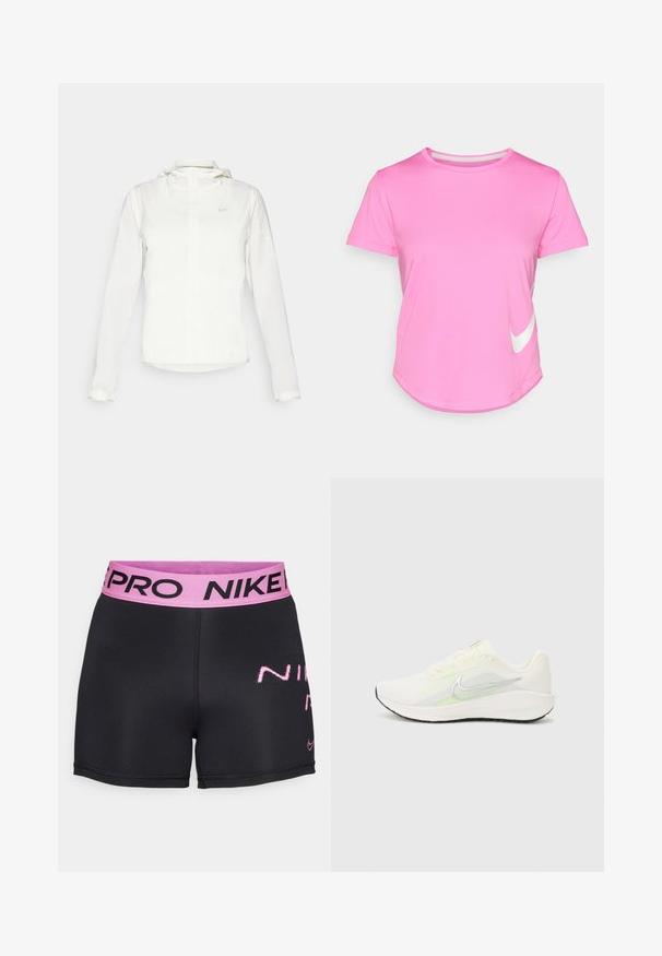 Giacca Nike bianca con cappuccio, zip completa, polsini elasticizzati e un logo discreto sul petto. Texture liscia e design leggero.; T-shirt rosa Nike con maniche corte, scollatura tonda, texture liscia, con un logo bianco sul lato sinistro in basso e orlo curvato.; Shorts sportivi neri con una vita rosa che presenta il testo "NIKE PRO" e un logo rosa. Realizzati in tessuto elastico e traspirante.; Nike Performance DOWNSHIFTER 13 - Scarpe da corsa su strada - sail/silver-coloured photon dust/summit white/barely volt/black