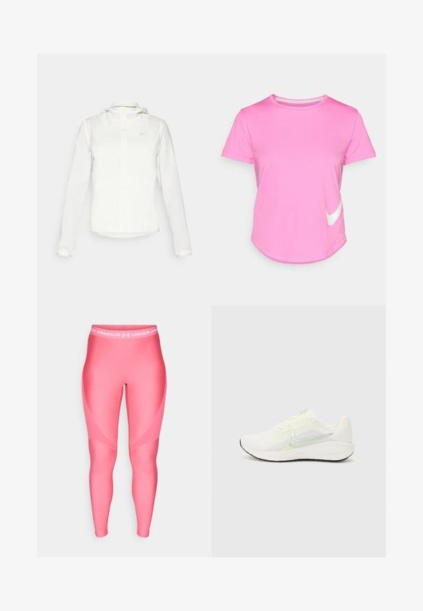Balta Nike striukė su gobtuvu, pilnu užtrauktuku, elastingomis rankovėmis ir subtiliu logotipu ant krūtinės. Sklandi tekstūra ir lengvas dizainas.; Rožinė Nike marškinėlių su trumpomis rankovėmis, apvaliu iškirpimu, lygiu paviršiumi, su balta logotipu kairėje apatinėje pusėje ir kreivu kraštu.; Rožinės sportinės legging kelnes su lygiu paviršiumi, turinčios baltą elastingą juosmenį su "Under Armour" logotipu ir kampuotais dizaino elementais.; Nike Performance DOWNSHIFTER 13 - Bėgimo batai plentui - sail/silver-coloured photon dust/summit white/barely volt/black