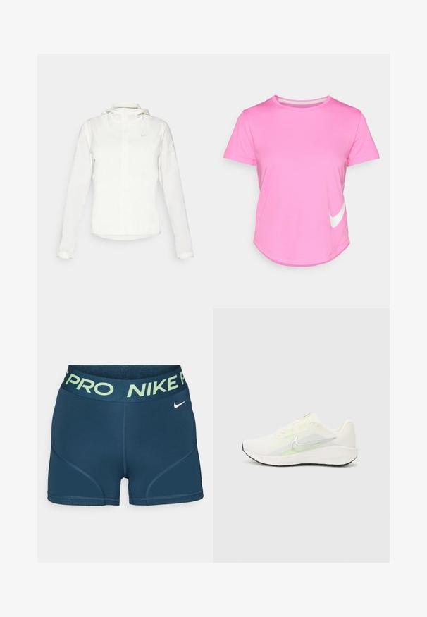 Casaco branco da Nike com capuz, fecho completo, punhos elásticos e um logótipo subtil no peito. Textura suave e design leve.; T-shirt rosa da Nike com mangas curtas, gola redonda, textura suave, apresentando um logótipo branco na parte inferior esquerda e bainha curvada.; Calças de compressão Nike Pro em azul marinho com cintura de logótipo verde claro e tecido suave e elástico. Apresenta detalhes em painel nas laterais.; Nike Performance DOWNSHIFTER 13 - Sapatos para corrida em estrada - sail/silver-coloured photon dust/summit white/barely volt/black