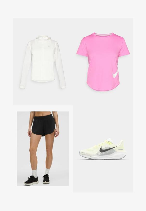 Valkoinen Nike-takki hupulla, täyspitkällä vetoketjulla, joustavilla hihansuilla ja hillityllä logolla rinnassa. Sujuva pinta ja kevyt muotoilu.; Vaaleanpunainen Nike-t-paita, jossa on lyhyet hihat, pyöristetty kaula-aukko, sileä pinta, valkoinen logo vasemmassa alareunassa ja kaareva helma.; Mustat urheilushortsit, joissa on joustava vyötärö, löysä istuvuus ja sivurei'ät; käytetään mustien urheilujalkineiden ja valkoisten nilkkasukkien kanssa.; Nike juoksukengät, joissa on vaaleankeltainen ja valkoinen verkko-osa, harmaita yksityiskohtia ja joustava kumipohja. Varusteet nauhakiinnityksellä.