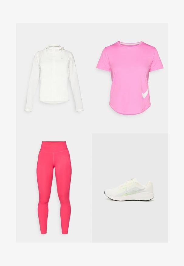 Casaco branco da Nike com capuz, fecho completo, punhos elásticos e um logótipo subtil no peito. Textura suave e design leve.; T-shirt rosa da Nike com mangas curtas, gola redonda, textura suave, apresentando um logótipo branco na parte inferior esquerda e bainha curvada.; Leggings justos em rosa vibrante. Feitas de um tecido suave e elástico com uma cintura alta. Apresentam um pequeno logótipo na parte inferior da perna.; Nike Performance DOWNSHIFTER 13 - Sapatos para corrida em estrada - sail/silver-coloured photon dust/summit white/barely volt/black