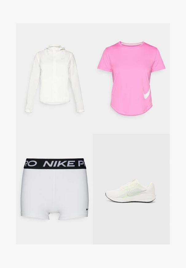 White Nike jacket with a hood, full zip, elastic cuffs, and a subtle logo on the chest. Smooth texture and lightweight design.; Pink Nike t-shirt with short sleeves, rounded neckline, smooth texture, featuring a white logo on the lower left side and curved hem.; White athletic shorts with a black Nike Pro waistband. Features a smooth texture and a small black Nike logo near the hem.; Nike Performance DOWNSHIFTER 13 - Road running shoes - sail/silver-coloured photon dust/summit white/barely volt/black