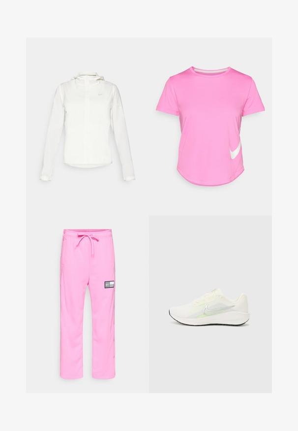 Hvid Nike-jakke med hætte, fuld lynlås, elastiske manchetter og et diskret logo på brystet. Glat tekstur og let design.; Rosa Nike t-shirt med korte ærmer, rund halsudskæring, glat tekstur, med et hvidt logo på nedre venstre side og buet søm.; Lyserøde Nike træningsbukser med elastisk talje, snor, sidelommer, trykknapper langs benene og et sort-hvidt logo-patch på låret.; Nike Performance DOWNSHIFTER 13 - Løbesko til landevejen - sail/silver-coloured photon dust/summit white/barely volt/black