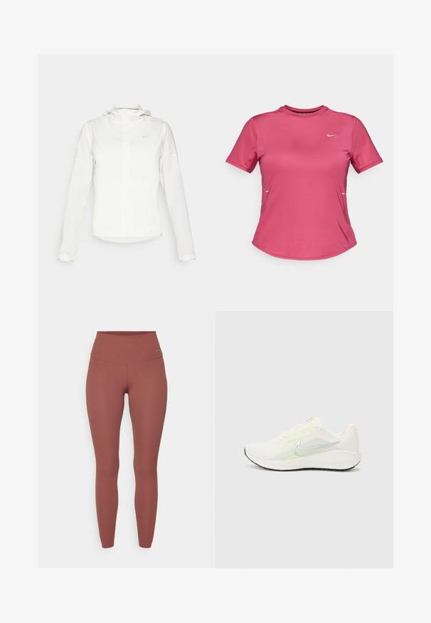 White Nike jacket with a hood, full zip, elastic cuffs, and a subtle logo on the chest. Smooth texture and lightweight design.; Short-sleeve athletic shirt in bright pink fabric with a round neck, featuring a small white logo on the chest and minimal design.; Tights in a reddish-brown color made from stretchy fabric. Features a high waistband and a small branded logo near the hip.; Nike Performance DOWNSHIFTER 13 - Road running shoes - sail/silver-coloured photon dust/summit white/barely volt/black