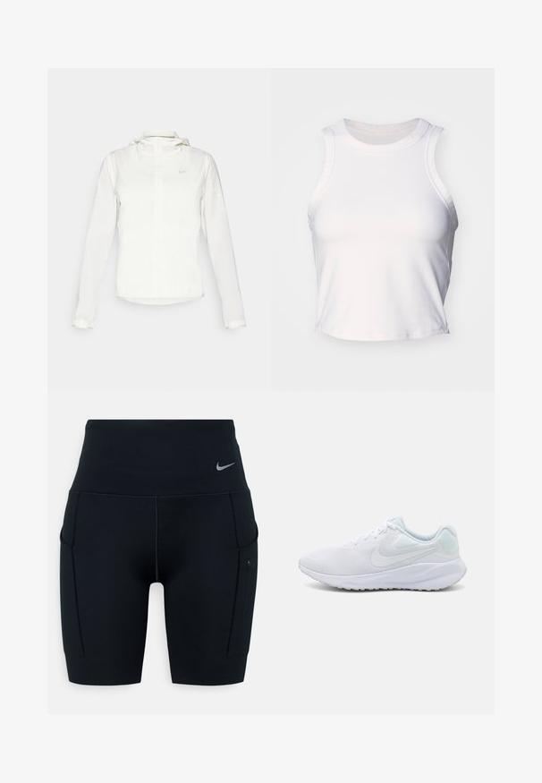 Valge Nike jakker, millel on kapuuts, täispikk tõmblukk, elastsed mansetid ja diskreetne logo rinnal. Sile tekstuur ja kerge disain.; Valge ilma varrukateta crop top, mis on valmistatud siledast ja venivast kangast. Omab ümmargust kaelust ja õrnalt õmblusdetailidega servades.; Mustad kõrge vöökohaga sportlikud lühikesed püksid, valmistatud venivast materjalist; külgedel on taskud ja vööl väike Nike logo.; Valged spordijalatsid, millel on võrgu ülemine osa, tekstuuriline disain, ümar varvas, pehme krae ja helesinised aktsendid kandadel. Kummi tald.